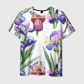 Мужская футболка 3D с принтом Ирисы в Кировске, 100% полиэфир | прямой крой, круглый вырез горловины, длина до линии бедер | акварель | мода | стиль | цветочки | цветы