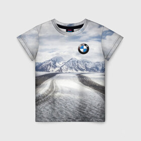 Детская футболка 3D с принтом BMW в Кировске, 100% гипоаллергенный полиэфир | прямой крой, круглый вырез горловины, длина до линии бедер, чуть спущенное плечо, ткань немного тянется | bmw | clouds | ice | mountains | prestige | road | sky | snow | бмв | горы | дорога | лед | небо | облака | престиж | снег
