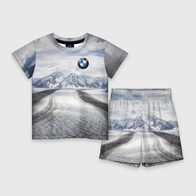 Детский костюм с шортами 3D с принтом BMW в Кировске,  |  | bmw | clouds | ice | mountains | prestige | road | sky | snow | бмв | горы | дорога | лед | небо | облака | престиж | снег
