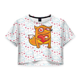 Женская футболка 3D укороченная с принтом Влюбленная лисичка в Кировске, 100% полиэстер | круглая горловина, длина футболки до линии талии, рукава с отворотами | fox | foxed | арт | лис | лиса | лисенок | лисичка | пушистик | рыжая | рыжмй хвост