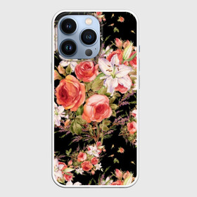 Чехол для iPhone 13 Pro с принтом Лилии и розы в Кировске,  |  | art | bouquet | field | flowers | leaves | lilies | painting | pattern | petals | roses | stems | watercolor | акварель | букет | живопись | искусство | лепестки | лилии | листья | полевые | розы | узор | цветы