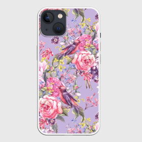 Чехол для iPhone 13 с принтом Лилии и розы в Кировске,  |  | art | background | birds | bouquet | hyacinths | leaves | lilac | mimosa | painting | pattern | peonies | petals | roses | stems | watercolor | wildflowers | акварель | букет | гиацинты | живопись | искусство | лепестки | листья | мимоза | пионы | полевые