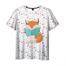 Мужская футболка 3D с принтом Лиса с книжкой в Кировске, 100% полиэфир | прямой крой, круглый вырез горловины, длина до линии бедер | Тематика изображения на принте: fox | foxed | арт | лис | лиса | лисенок | лисичка | пушистик | рыжая | рыжмй хвост