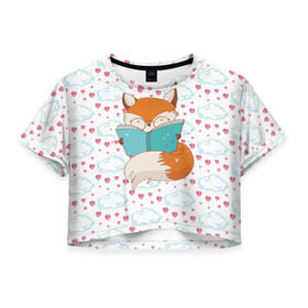 Женская футболка 3D укороченная с принтом Лиса с книжкой в Кировске, 100% полиэстер | круглая горловина, длина футболки до линии талии, рукава с отворотами | fox | foxed | арт | лис | лиса | лисенок | лисичка | пушистик | рыжая | рыжмй хвост