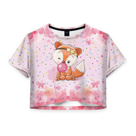 Женская футболка 3D укороченная с принтом Милая лисичка с жвачкой в Кировске, 100% полиэстер | круглая горловина, длина футболки до линии талии, рукава с отворотами | fox | foxed | арт | лис | лиса | лисенок | лисичка | пушистик | рыжая | рыжмй хвост