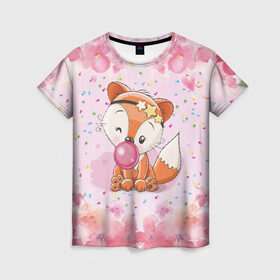 Женская футболка 3D с принтом Милая лисичка с жвачкой в Кировске, 100% полиэфир ( синтетическое хлопкоподобное полотно) | прямой крой, круглый вырез горловины, длина до линии бедер | fox | foxed | арт | лис | лиса | лисенок | лисичка | пушистик | рыжая | рыжмй хвост