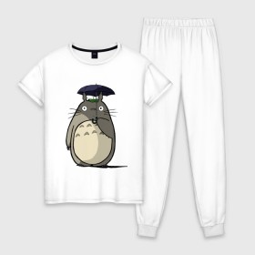 Женская пижама хлопок с принтом Totoro в Кировске, 100% хлопок | брюки и футболка прямого кроя, без карманов, на брюках мягкая резинка на поясе и по низу штанин | totoro | аниме | для детей | животное | лес | мой сосед тоторо | мультфильм | тоторо