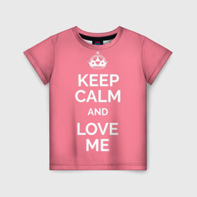 Детская футболка 3D с принтом Keep calm and love me в Кировске, 100% гипоаллергенный полиэфир | прямой крой, круглый вырез горловины, длина до линии бедер, чуть спущенное плечо, ткань немного тянется | and | call | crown | girl | heart | keep calm | keyboard | lips | me | red | royal | slogan | text | valentines day | валентина | губы | девиз | девушка | день | и | клавиатура | клавиши | королевская | корона | красный | лозунг | люби | любовь | меня | н