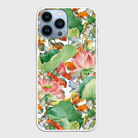 Чехол для iPhone 13 Pro Max с принтом Карпы кои в Кировске,  |  | art | carps | fish | flower | gold | japanese | koi | leaves | lotus | painting | pattern | petals | pond | stems | water | вода | живопись | золотая | искусство | карпы | кои | лепестки | листья | лотос | пруд | рыбка | узор | цветок | японская