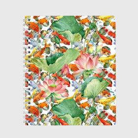 Тетрадь с принтом Карпы кои в Кировске, 100% бумага | 48 листов, плотность листов — 60 г/м2, плотность картонной обложки — 250 г/м2. Листы скреплены сбоку удобной пружинной спиралью. Уголки страниц и обложки скругленные. Цвет линий — светло-серый
 | art | carps | fish | flower | gold | japanese | koi | leaves | lotus | painting | pattern | petals | pond | stems | water | вода | живопись | золотая | искусство | карпы | кои | лепестки | листья | лотос | пруд | рыбка | узор | цветок | японская
