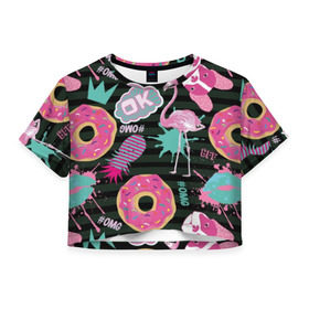 Женская футболка Cropp-top с принтом Пончики, мопсы и фламинго. в Кировске, 100% полиэстер | круглая горловина, длина футболки до линии талии, рукава с отворотами | bird | blots | breed | crown | dog | donuts | flamingo | ici | kiss | lips | pastries | pineapple | pink | pug | splashes | stripes | sweet | ананас | брызги | выпечка | глазурь | губы | женские | кляксы | корона | мопс | отпечаток | полосы | пончики | по