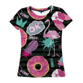 Женская футболка 3D с принтом Пончики, мопсы и фламинго. в Кировске, 100% полиэфир ( синтетическое хлопкоподобное полотно) | прямой крой, круглый вырез горловины, длина до линии бедер | bird | blots | breed | crown | dog | donuts | flamingo | ici | kiss | lips | pastries | pineapple | pink | pug | splashes | stripes | sweet | ананас | брызги | выпечка | глазурь | губы | женские | кляксы | корона | мопс | отпечаток | полосы | пончики | по