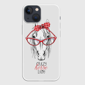 Чехол для iPhone 13 mini с принтом Crazy horse lady в Кировске,  |  | animal | blonde | bow | crazy | cute | head | horse | lady | look | polka | portrait | red | white | бант | белая | белый | блондинка | взгляд | голова | горошек | животное | красный | леди | лошадь | милый | очки | портрет | сумасшедшая