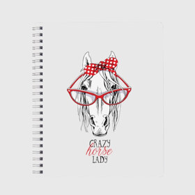 Тетрадь с принтом Crazy horse lady в Кировске, 100% бумага | 48 листов, плотность листов — 60 г/м2, плотность картонной обложки — 250 г/м2. Листы скреплены сбоку удобной пружинной спиралью. Уголки страниц и обложки скругленные. Цвет линий — светло-серый
 | animal | blonde | bow | crazy | cute | head | horse | lady | look | polka | portrait | red | white | бант | белая | белый | блондинка | взгляд | голова | горошек | животное | красный | леди | лошадь | милый | очки | портрет | сумасшедшая