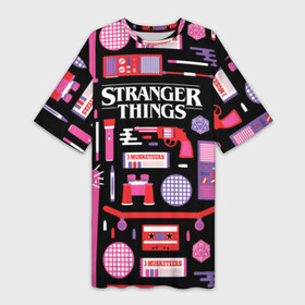 Платье-футболка 3D с принтом STRANGER THINGS STARTER PACK в Кировске,  |  | 11 | eleven | logo | netflix | pack | starter | stranger | things | дела | крайне | лого | логотип | одинадцать | одиннадцать | очень | пак | события | стартер | странные | стренджер