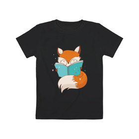 Детская футболка хлопок с принтом Лиса с книжкой в Кировске, 100% хлопок | круглый вырез горловины, полуприлегающий силуэт, длина до линии бедер | Тематика изображения на принте: fox | foxed | арт | лис | лиса | лисенок | лисичка | пушистик | рыжая | рыжмй хвост