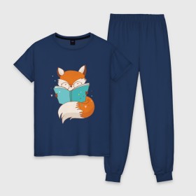 Женская пижама хлопок с принтом Лиса с книжкой в Кировске, 100% хлопок | брюки и футболка прямого кроя, без карманов, на брюках мягкая резинка на поясе и по низу штанин | fox | foxed | арт | лис | лиса | лисенок | лисичка | пушистик | рыжая | рыжмй хвост