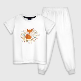 Детская пижама хлопок с принтом Лиса в цветах в Кировске, 100% хлопок |  брюки и футболка прямого кроя, без карманов, на брюках мягкая резинка на поясе и по низу штанин
 | fox | foxed | арт | лис | лиса | лисенок | лисичка | пушистик | рыжая | рыжмй хвост