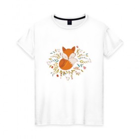 Женская футболка хлопок с принтом Лиса в цветах в Кировске, 100% хлопок | прямой крой, круглый вырез горловины, длина до линии бедер, слегка спущенное плечо | fox | foxed | арт | лис | лиса | лисенок | лисичка | пушистик | рыжая | рыжмй хвост