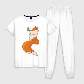 Женская пижама хлопок с принтом Лисичка и бабочка в Кировске, 100% хлопок | брюки и футболка прямого кроя, без карманов, на брюках мягкая резинка на поясе и по низу штанин | fox | foxed | арт | лис | лиса | лисенок | лисичка | пушистик | рыжая | рыжмй хвост