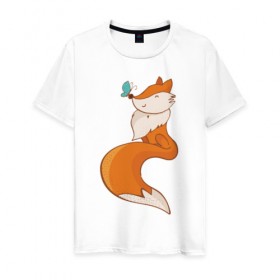 Мужская футболка хлопок с принтом Лисичка и бабочка в Кировске, 100% хлопок | прямой крой, круглый вырез горловины, длина до линии бедер, слегка спущенное плечо. | fox | foxed | арт | лис | лиса | лисенок | лисичка | пушистик | рыжая | рыжмй хвост