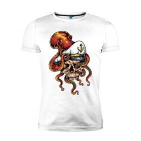 Мужская футболка премиум с принтом Осьминог в Кировске, 92% хлопок, 8% лайкра | приталенный силуэт, круглый вырез ворота, длина до линии бедра, короткий рукав | anchor | octopus | peaked cap | skull | осьминог | фуражка | череп | якорь