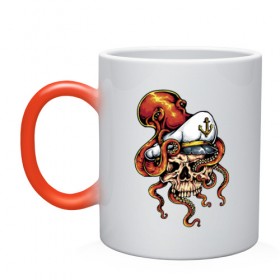 Кружка хамелеон с принтом Осьминог в Кировске, керамика | меняет цвет при нагревании, емкость 330 мл | anchor | octopus | peaked cap | skull | осьминог | фуражка | череп | якорь