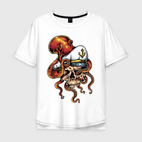 Мужская футболка хлопок Oversize с принтом Осьминог в Кировске, 100% хлопок | свободный крой, круглый ворот, “спинка” длиннее передней части | anchor | octopus | peaked cap | skull | осьминог | фуражка | череп | якорь