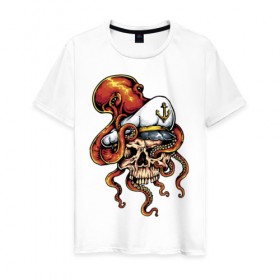 Мужская футболка хлопок с принтом Осьминог в Кировске, 100% хлопок | прямой крой, круглый вырез горловины, длина до линии бедер, слегка спущенное плечо. | Тематика изображения на принте: anchor | octopus | peaked cap | skull | осьминог | фуражка | череп | якорь