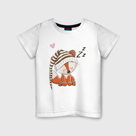 Детская футболка хлопок с принтом Сонный лисенок в Кировске, 100% хлопок | круглый вырез горловины, полуприлегающий силуэт, длина до линии бедер | fox | foxed | арт | лис | лиса | лисенок | лисичка | пушистик | рыжая | рыжмй хвост