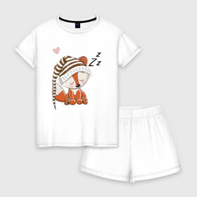Женская пижама с шортиками хлопок с принтом Сонный лисенок в Кировске, 100% хлопок | футболка прямого кроя, шорты свободные с широкой мягкой резинкой | fox | foxed | арт | лис | лиса | лисенок | лисичка | пушистик | рыжая | рыжмй хвост