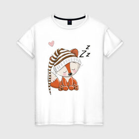 Женская футболка хлопок с принтом Сонный лисенок в Кировске, 100% хлопок | прямой крой, круглый вырез горловины, длина до линии бедер, слегка спущенное плечо | fox | foxed | арт | лис | лиса | лисенок | лисичка | пушистик | рыжая | рыжмй хвост