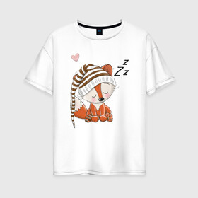 Женская футболка хлопок Oversize с принтом Сонный лисенок в Кировске, 100% хлопок | свободный крой, круглый ворот, спущенный рукав, длина до линии бедер
 | fox | foxed | арт | лис | лиса | лисенок | лисичка | пушистик | рыжая | рыжмй хвост