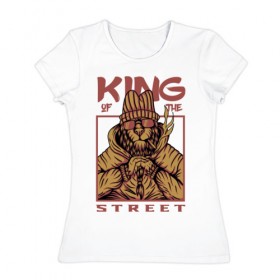 Женская футболка хлопок с принтом King of the street в Кировске, 100% хлопок | прямой крой, круглый вырез горловины, длина до линии бедер, слегка спущенное плечо | king | животные | звери | король | король улиц | кот | кошка | кошки | лев | природа | улица