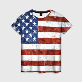 Женская футболка 3D с принтом США ФЛАГ в Кировске, 100% полиэфир ( синтетическое хлопкоподобное полотно) | прямой крой, круглый вырез горловины, длина до линии бедер | usa | абстракция | америка | американский | герб | звезды | краска | символика сша | страны | сша | флаг | штаты