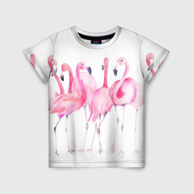 Детская футболка 3D с принтом Фламинго в Кировске, 100% гипоаллергенный полиэфир | прямой крой, круглый вырез горловины, длина до линии бедер, чуть спущенное плечо, ткань немного тянется | art | birds | flamingo | flock | illustration | pink | summer | watercolor | акварель | иллюстрация | искусство | лето | птицы | розовый | стая | фламинго