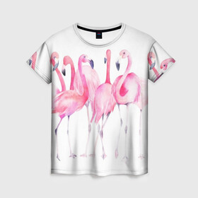 Женская футболка 3D с принтом Фламинго в Кировске, 100% полиэфир ( синтетическое хлопкоподобное полотно) | прямой крой, круглый вырез горловины, длина до линии бедер | art | birds | flamingo | flock | illustration | pink | summer | watercolor | акварель | иллюстрация | искусство | лето | птицы | розовый | стая | фламинго