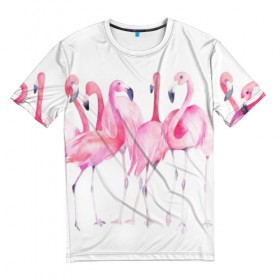 Мужская футболка 3D с принтом Фламинго в Кировске, 100% полиэфир | прямой крой, круглый вырез горловины, длина до линии бедер | Тематика изображения на принте: art | birds | flamingo | flock | illustration | pink | summer | watercolor | акварель | иллюстрация | искусство | лето | птицы | розовый | стая | фламинго