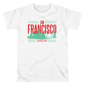 Мужская футболка хлопок с принтом Сан Франциско в Кировске, 100% хлопок | прямой крой, круглый вырез горловины, длина до линии бедер, слегка спущенное плечо. | Тематика изображения на принте: 