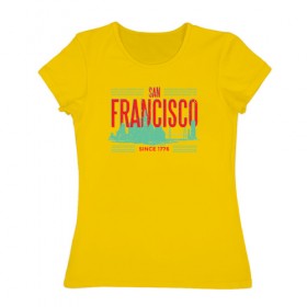 Женская футболка хлопок с принтом Сан Франциско в Кировске, 100% хлопок | прямой крой, круглый вырез горловины, длина до линии бедер, слегка спущенное плечо | 