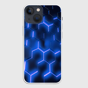 Чехол для iPhone 13 mini с принтом НЕОНОВАЯ БРОНЯ в Кировске,  |  | abstraction | cyber | cyberpunk | future | geometry | hexagon | steel | techno | texture | абстракция | броня | геометрия | защита | кибер | краски | неон | неоновый | сетка | соты | сталь | стальная броня | текстура | шестигранники