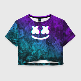 Женская футболка Cropp-top с принтом MARSHMELLO в Кировске, 100% полиэстер | круглая горловина, длина футболки до линии талии, рукава с отворотами | dj | marshmello | neon | usa | америка | клубная музыка | маршмелло | музыка | музыкант | неон