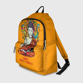 Рюкзак 3D с принтом Happy Buddha Purnima в Кировске, 100% полиэстер | лямки с регулируемой длиной, сверху петелька, чтобы рюкзак можно было повесить на вешалку. Основное отделение закрывается на молнию, как и внешний карман. Внутри два дополнительных кармана, один из которых закрывается на молнию. По бокам два дополнительных кармашка | buddha | golden | happy | indian | kesa | lotus | monk | orange | ornament | pattern | pose | religion | shakyamuni | spiritual | te | будда | буддизм | духовный | золотой | индийский | кашая | кэса | лотос | оранжевый | орнамент | основатель | по