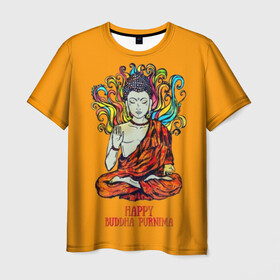 Мужская футболка 3D с принтом Happy Buddha Purnima в Кировске, 100% полиэфир | прямой крой, круглый вырез горловины, длина до линии бедер | buddha | golden | happy | indian | kesa | lotus | monk | orange | ornament | pattern | pose | religion | shakyamuni | spiritual | te | будда | буддизм | духовный | золотой | индийский | кашая | кэса | лотос | оранжевый | орнамент | основатель | по
