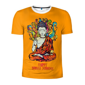 Мужская футболка 3D спортивная с принтом Happy Buddha Purnima в Кировске, 100% полиэстер с улучшенными характеристиками | приталенный силуэт, круглая горловина, широкие плечи, сужается к линии бедра | Тематика изображения на принте: buddha | golden | happy | indian | kesa | lotus | monk | orange | ornament | pattern | pose | religion | shakyamuni | spiritual | te | будда | буддизм | духовный | золотой | индийский | кашая | кэса | лотос | оранжевый | орнамент | основатель | по