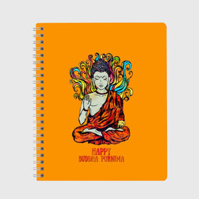 Тетрадь с принтом Happy Buddha Purnima в Кировске, 100% бумага | 48 листов, плотность листов — 60 г/м2, плотность картонной обложки — 250 г/м2. Листы скреплены сбоку удобной пружинной спиралью. Уголки страниц и обложки скругленные. Цвет линий — светло-серый
 | buddha | golden | happy | indian | kesa | lotus | monk | orange | ornament | pattern | pose | religion | shakyamuni | spiritual | te | будда | буддизм | духовный | золотой | индийский | кашая | кэса | лотос | оранжевый | орнамент | основатель | по