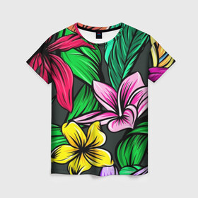 Женская футболка 3D с принтом тропики в Кировске, 100% полиэфир ( синтетическое хлопкоподобное полотно) | прямой крой, круглый вырез горловины, длина до линии бедер | джунгли | листья | цветы | яркость