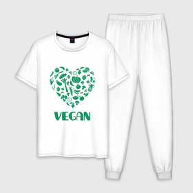 Мужская пижама хлопок с принтом Vegan в Кировске, 100% хлопок | брюки и футболка прямого кроя, без карманов, на брюках мягкая резинка на поясе и по низу штанин
 | Тематика изображения на принте: earth | green | greenpaece | nature | sport | vegan | world | yoga | веган | вегетарианец | гринпис | дерево | еда | животные | жизнь | здоровье | зеленый | йога | лес | любовь | мир | овощи | пища | планета | природа | растение