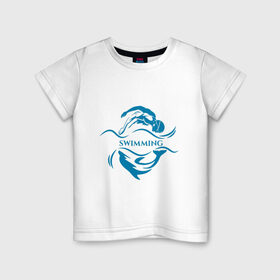 Детская футболка хлопок с принтом Плавание в Кировске, 100% хлопок | круглый вырез горловины, полуприлегающий силуэт, длина до линии бедер | Тематика изображения на принте: бассейн | вода | волна | дельфин | плавание | пловец