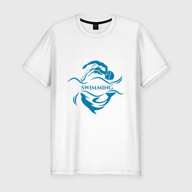 Мужская футболка премиум с принтом Плавание в Кировске, 92% хлопок, 8% лайкра | приталенный силуэт, круглый вырез ворота, длина до линии бедра, короткий рукав | Тематика изображения на принте: бассейн | вода | волна | дельфин | плавание | пловец